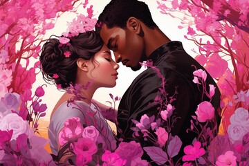 Wall Mural - A pair of young international lovers, men and women kissing among pink flowers, a colorful romantic illustration.