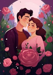 Wall Mural - A young couple in love, men and women, standing alone in an embrace and kissing among flowers and leaves, a romantic illustration for Valentine's day.