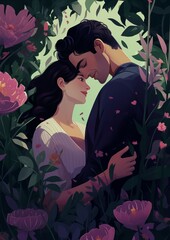 Wall Mural - A young couple in love, men and women, standing alone in an embrace among flowers and leaves, a romantic illustration for Valentine's day.