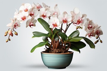 Wall Mural - White orchid in a pot on a gray background