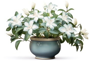 Wall Mural - Bouquet of white flowers in a blue pot isolated on white background
