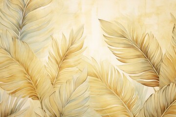 Vintage tropical leaves on a beige background with a golden texture. Luxurious mural, premium wallpaper. Watercolor design in 3D painting illustration. Stylish and seamless border for. Generative AI