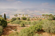 Widok z góry Tabor w Izraelu w Ziemi Świętej z ruinami po twierdzy krzyżowców w słoneczny dzień.