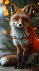 Wall Mural - A red fox sitting next to a christmas tree. Christmas or wintertime picture.