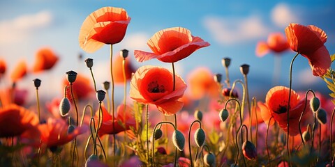 Sticker - A field of red poppies with a blue sky in the background.