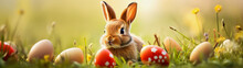 Illustration Of A Cute Brown Rabbit With Colored Eggs And A Blurry Background For Easter