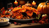 Fototapeta  - Thanksgiving Autumn Place Setting with Cutlery and an Artful Arrangement of Fall Leaves, Complemented by Napkins and Pumpkins for a Warm and Welcoming Atmosphere