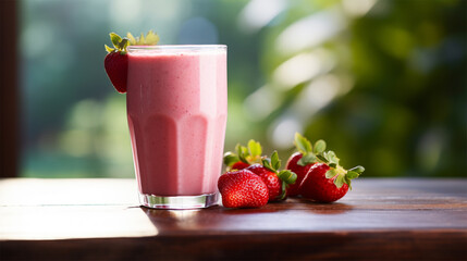 Wall Mural - Milkshake with natural strawberries and strawberry pieces on a wooden table, healthy eating