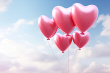 Pink Heart Shaped Balloons In Sky, Love, Valentines Day, Partner, Girlfriend, Surprise, A Few Clouds, Sunny Day, Floating Shiny Balloons Inflated With Helium At The End Of A Wire