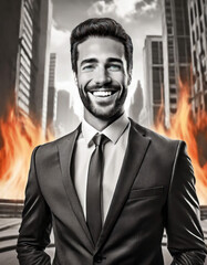 Poster - A businessman standing in front of burning office towers