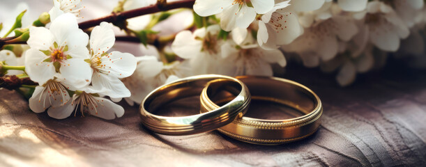 Stylish wedding rings, flowers on wooden table background. Letters from the bride and groom, on romantic background. Elegant Golden Wedding Bands with Intricate Design