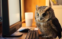 Owl Looks At Computer Monitor 