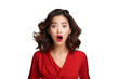 Portrait of a surprised beautiful asian woman in red with bright lipstick isolated on a transparent background. PNG file.