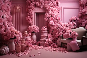 Enchanting Valentine's Haven: A Breathtaking Room Overflowing with a Sea of Pink Roses