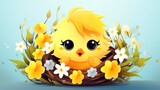 Fototapeta  - Illustration of cute little bird in a nest with flowers. Isolated on blue background. Funny chick. Ideal for Easter greeting cards, childrens books, banners, posters