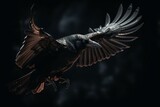 An image of a solitary dark raven in flight. Generative AI