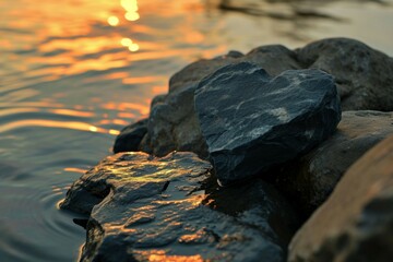 Poster - Heart-shaped stone in a mountain stream. Background with selective focus and copy space