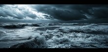 A Dramatic Coastal Storm, Neon Storm Sea Grey Veins In The Churning Waves And Dark Clouds, Offering A Powerful Monochromatic Storm Sea Grey Marine Scene, Distant Sea Softly Blurred