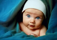 Generative AI Image Of A Beautiful Blue Eyes Baby Under A Blanket 