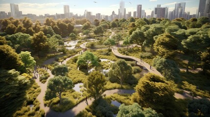 Urban Oasis: Serene Cityscape with Lush Green Belt, Tranquil Walking Paths, and Contemporary Sculptures - Embracing Nature and Modernity in Perfect Harmony