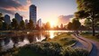 Cityscape Serenity: A Breathtaking Sunrise Unveiling the Harmonious Fusion of Urban Architecture and Lush Parkland