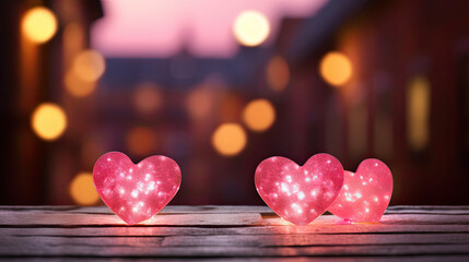 Wall Mural - Heart shaped Valentine's day decor scene with bokeh fairy lights with brick background. Copyspace