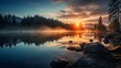 Serene Sunrise: Captivating Mountain Lake Reflections in Tranquil Dawn Mist - HDR Landscape Photography