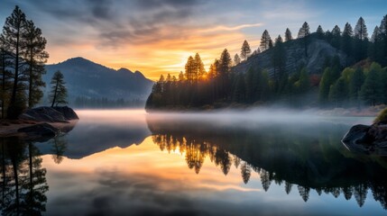  Serene Sunrise: Captivating Mountain Lake Reflections in Tranquil Dawn Mist - HDR Landscape Photography