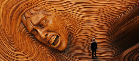 Wall Mural - A man stands before a wooden sculpture, the intricate carving reflecting surreal art.