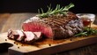 Grilled beef steak slices with rosemary on wooden board, Barbecue wagyu entrecote dry roasted beef steak, lettuce and salt