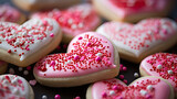 Fototapeta  - Valentine's day heart shaped sugar cookies, frosted with sprinkes