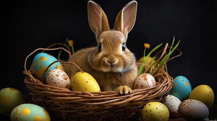 Wall Mural - The graphic image of the Easter rabbit carries in the hands of the basket of eggs