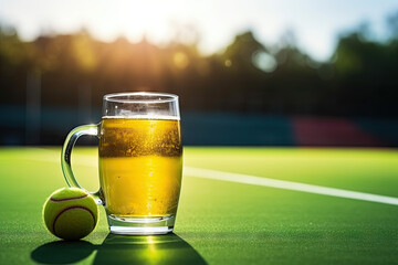 Wall Mural - glass of beer on tennis court 