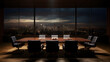 executive space conference room with large windows at night