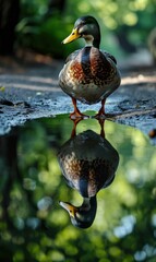 Wall Mural - A duck standing on the water with its reflection. Generative AI.