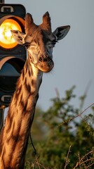 A giraffe standing next to a traffic light. Generative AI.