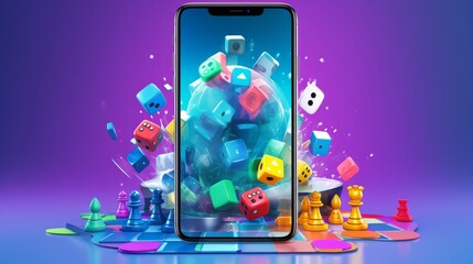 Wall Mural - Game Night Delight: Unleash Your Strategic Brilliance with Board Games App on Vibrant Smartphone - Chess Pieces and Dice Ignite Fun-Filled Evenings!