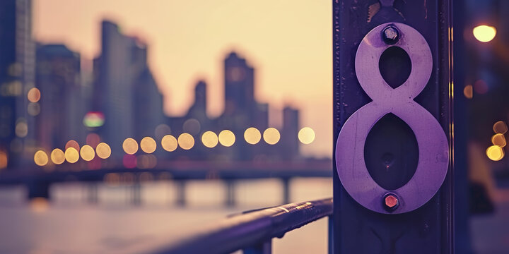 Number 8 purple color, blurred city background