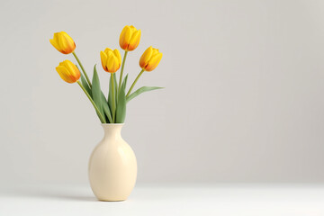 Wall Mural - minimalistic flower composition. yellow tulip in a vase on a white background, space for a text