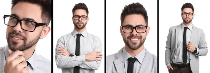 Wall Mural - Man in glasses on white background, collection of photos