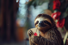 a cute sloth holding a valentines day envelope with a heart on it