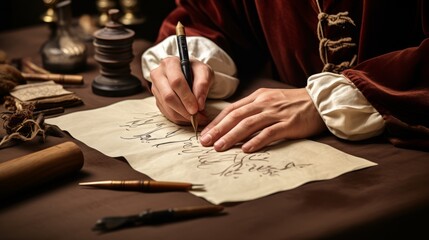 Wall Mural - Timeless Elegance: Masterful Hands Gracefully Weave Words on Parchment with Ink and Quill