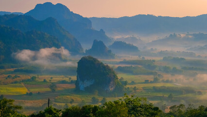 Wall Mural - Sunrise with fog and mist at Phu Langka mountains in Northern Thailand, Mountain View of Phu Lanka