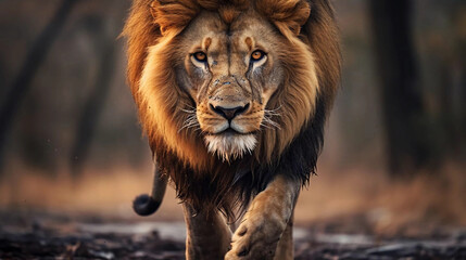 male lion walking looking straight at the camera, national wildlife day