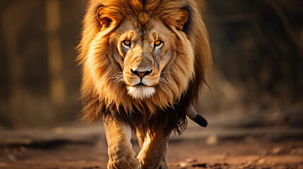 Wall Mural - male lion walking looking straight at the camera, national wildlife day