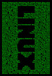 A Linux word formed of Linux computer operating system distribution names, vertical, light green color on black background. Computer technology concept.