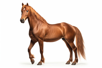 Chestnut Morgan Horse standing on a white background. Animal side portrait.