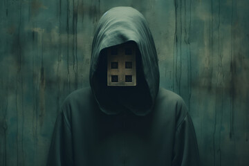 Wall Mural - A surreal image features a faceless, hooded figure with a house obscuring his face.