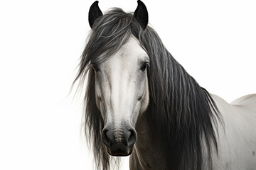 Percheron horse close-up portrait on a white background.