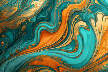  Luxurious marbling abstract background with waves, vibrant geometric patterns, artistic and contemporary on a minimalist background with blue, paint swirls in beautiful teal and orange colors HD